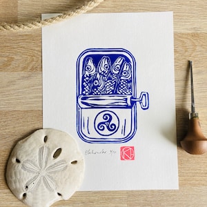 Handmade Blue Linocut - The blue sardines - Brittany - Sea-Linoprint-Linocut-Original gift-Contemporary Art-Home decor