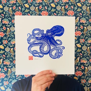 Handmade Linocut Blue - The Ultramarine Blue Octopus - Sea-Linoprint-Nature-Original Gift-Contemporary Art-Home decor-Limited edition