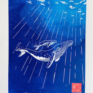 Ocean Blue artisanal linocut - mother and child whale - Sea-Linocut-Nature-Original gift-Contemporary art-Art print
