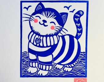 Handmade Sailor cat - Brittany - Sea-Linoprint-Linocut-Nature-Original Gift-Contemporary Art-Home decor-Limited edition