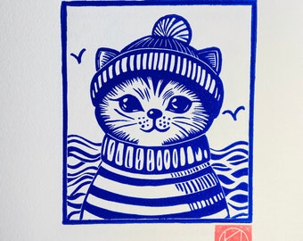 Handmade Little Sailor cat - Brittany - Sea-Linoprint-Linocut-Nature-Original Gift-Contemporary Art-Home decor-Limited edition