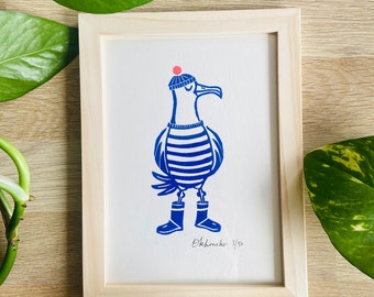 Linocut Blue SAILOR SEAGULL / AUTUMN - Funny linocut - Brittany -Linoprint-Original Gift-Home decor