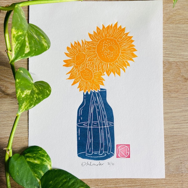 Linogravure artisanale - Tournesols - Fleurs -Linoprint-Linocut-Nature-Cadeau-Handmade-Handprinted-Limited edition-Estampe d'art-sunflower