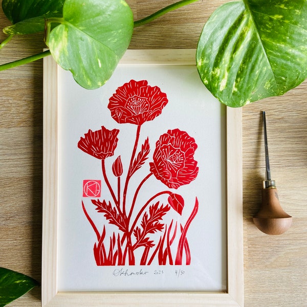 Linogravure artisanale - Coquelicots rouges - Fleurs -Linoprint-Linocut-Nature-Cadeau-Handmade- Limited edition - Estampe d'art