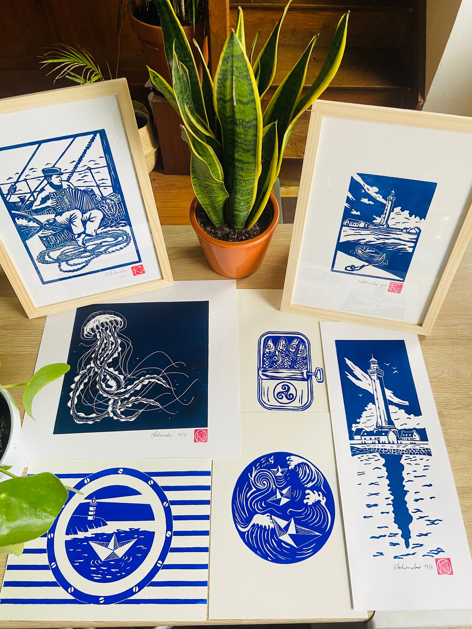 Handmade Linocut Blue - the Blue Octopus - Brittany - Sea-linoprint ...