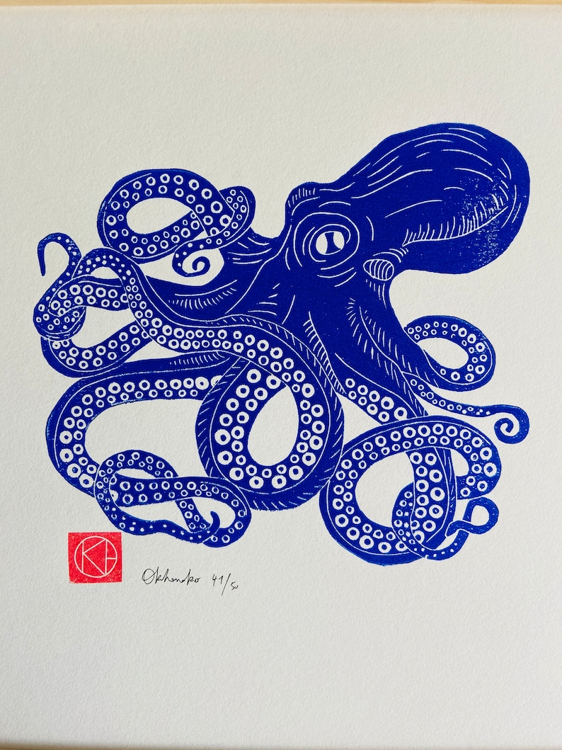 Handmade Linocut Blue - the Ultramarine Blue Octopus - Sea-linoprint ...