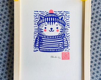 Handmade Little Britain Cat - Brittany - Sea-Linoprint-Linocut-Nature-Original Gift-Contemporary Art-Home decor-Limited edition