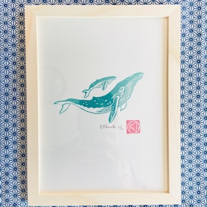 Handmade Linocut - Mother and child - The whale -Linoprint-Linocut-Nature-Art gift-Contemporary art-Limited edition