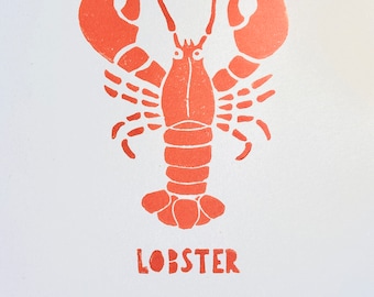Blue Linocut "Little Orange Lobster" - Funny linocut - Brittany -Linoprint-Original Gift-Home decor