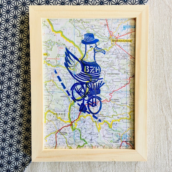 Linocut "Blue Seagull on a bike ride on the roads of France" - Funny linocut - Brittany -Linoprint-Original Gift-Home decor