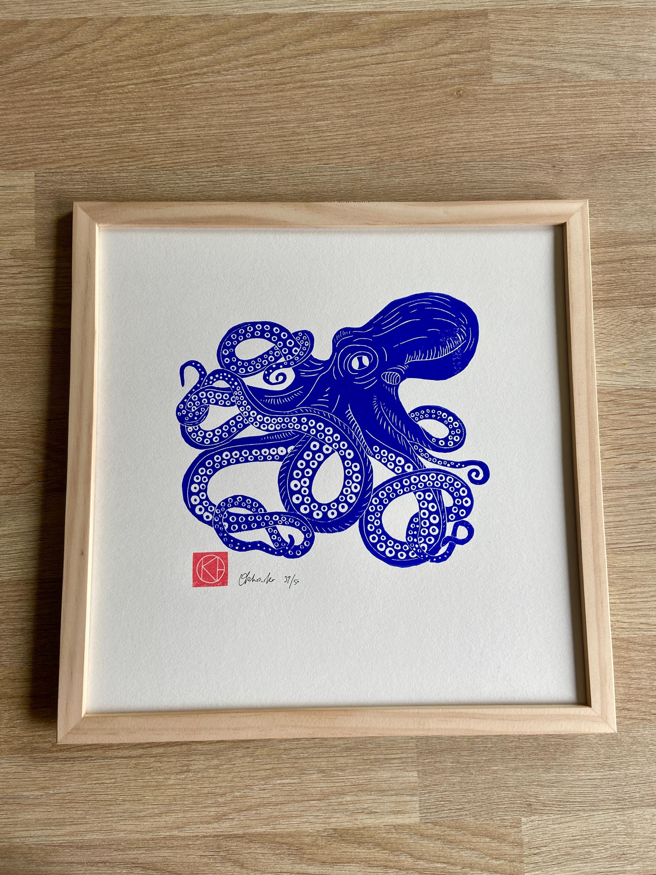 Handmade Linocut Blue - the Ultramarine Blue Octopus - Sea-linoprint ...