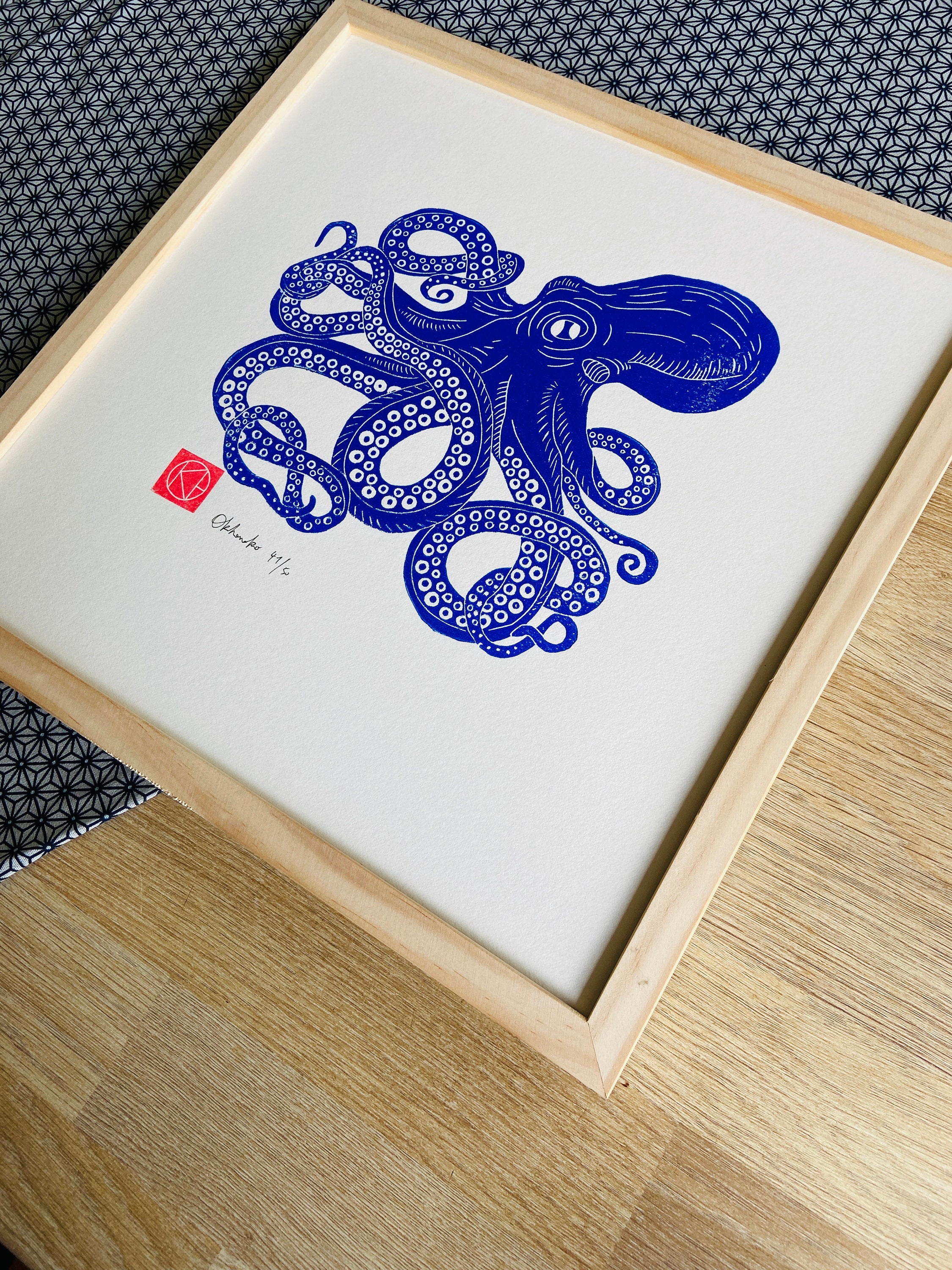 Handmade Linocut Blue - the Ultramarine Blue Octopus - Sea-linoprint ...