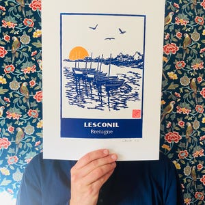 Linograbado enmarcado - Puerto de Lesconil- 30x40cm - Bretaña - Edición limitada-Arte contemporáneo-Impresión de arte-Impresión de arte
