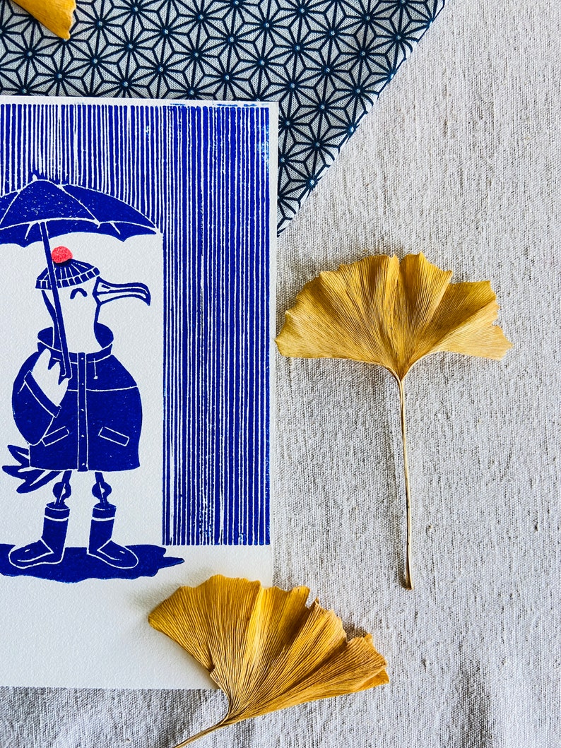 Linocut Blue SAILOR SEAGULL Under the Rain - Funny Linocut - Brittany ...