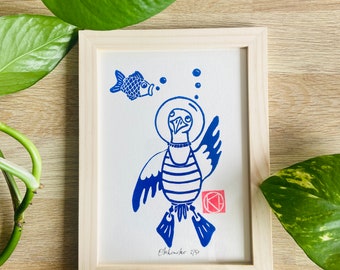 Linocut Blue Scuba Diver SEAGULL / Summer - Funny linocut - Brittany -Linoprint-Original Gift-Home decor