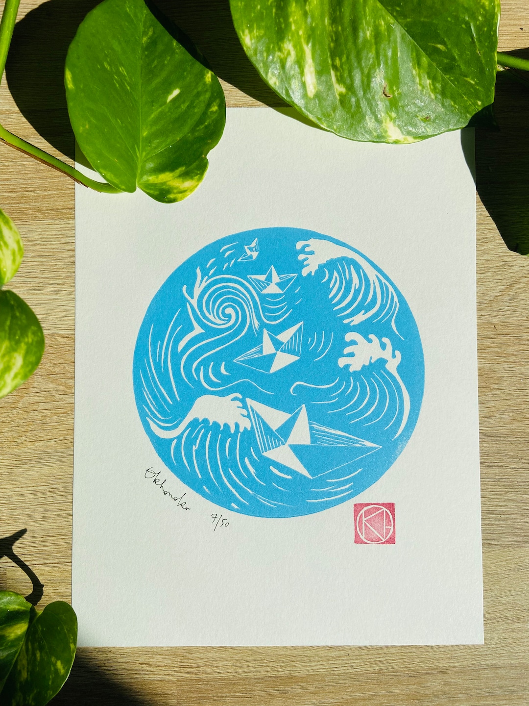 Handmade Linocut Blue - the Little Paper Boat Sailing on the Waves ...