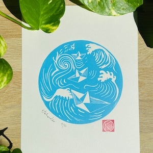 Handmade Linocut Blue - The little paper boat sailing on the waves - Brittany - Sea-Linoprint-Nature-Gift-Handmade-Art-Handprinted-Artisan