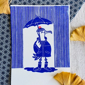 Linogravura GAIVOTA na chuva - Linogravura Gaivota - Presente original - Impressão artística - Impressão artística - Ilustração minimalista