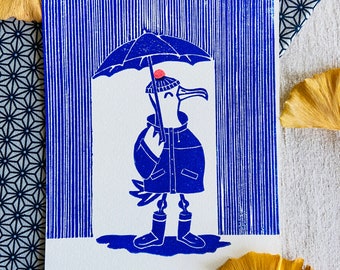 Linogravure GOELAND MARIN sous la pluie- Mouette Linoprint-Cadeau original-Estampe d'art-Impression d'art-Illustration minimaliste
