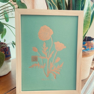 Linogravure artisanale - Cuivre sur papier vert sauge - Fleurs -Cadeau orginal-Art contemporain-Impression d'art-Estampe d'art