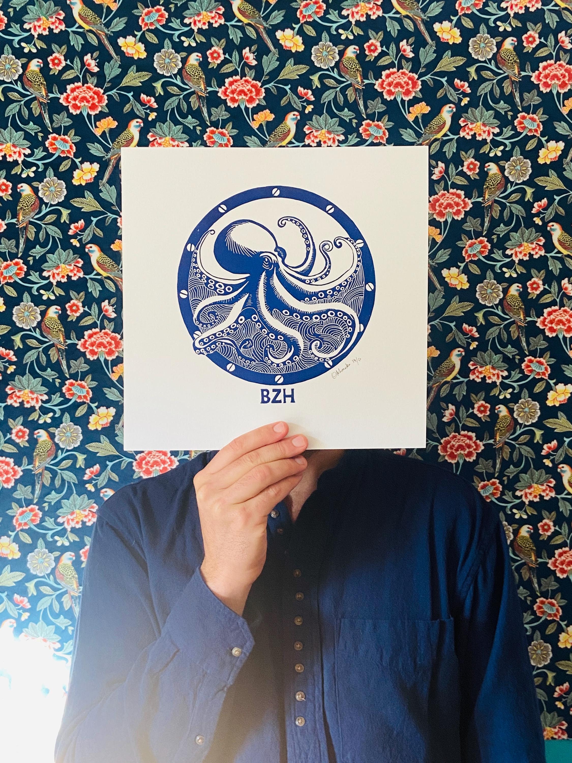 Handmade Linocut Blue - The Blue Octopus BZH - Brittany - Sea-Linoprint-Nature-Original Gift-Contemporary Art-Home decor-Limited edition