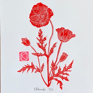 Handmade Linocut - Red Poppies II - Flowers -Linoprint-Linocut-Nature-Original Gift-Contemporary Art-Flower