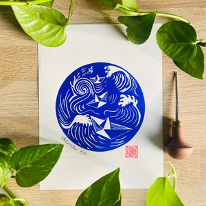 Handmade Linocut Blue - Paper boat - Brittany - Sea-Linoprint-Linocut-Nature-Gift-Handmade-Art-Unique present- Contemporary art