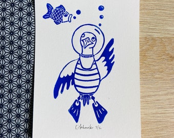 Linocut Blue Scuba Diver SEAGULL / Summer - Funny linocut - Brittany -Linoprint-Original Gift-Home decor
