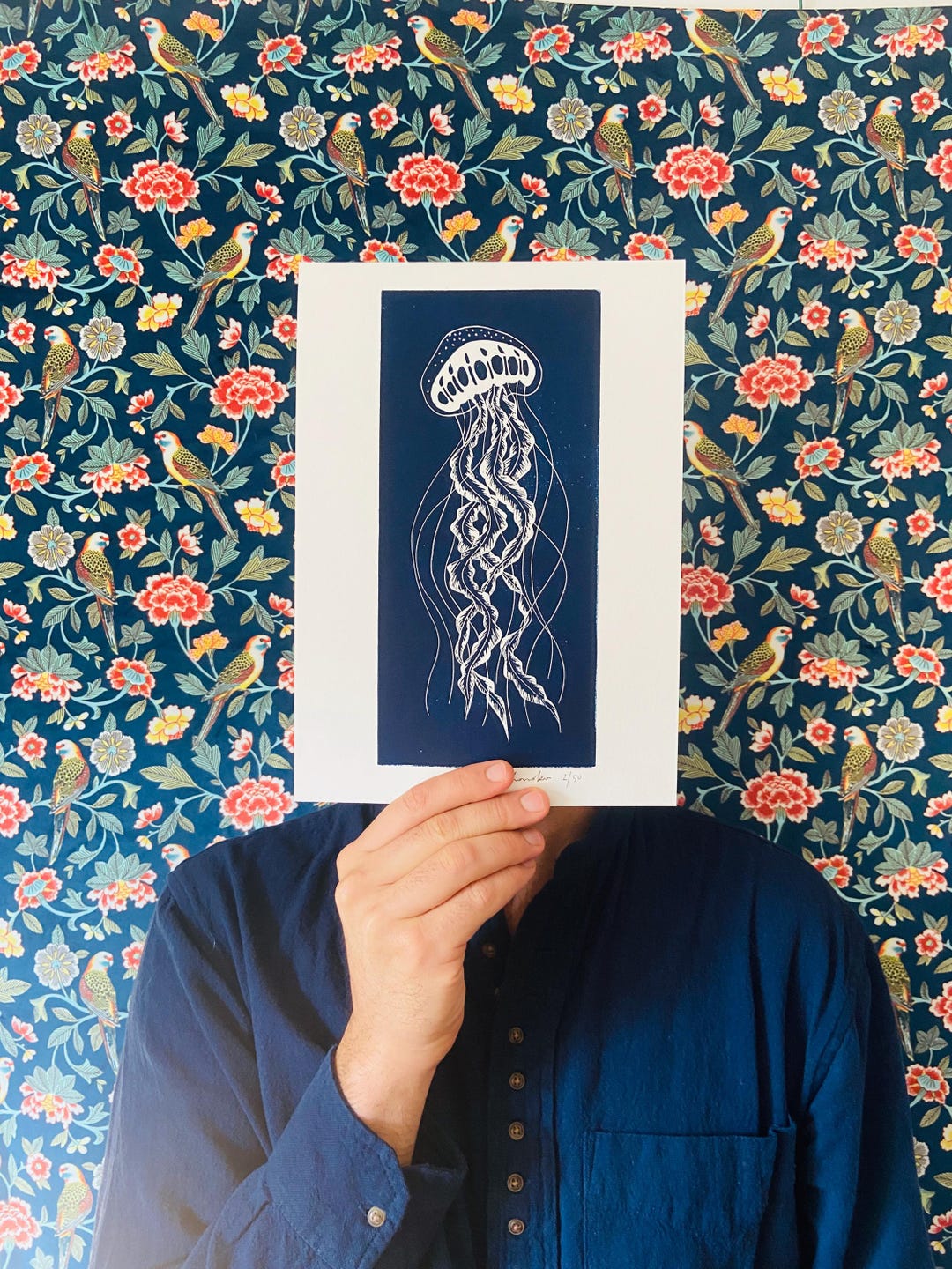 Handmade Linocut Blue - the Jellyfish - Brittany - Sea-linoprint ...