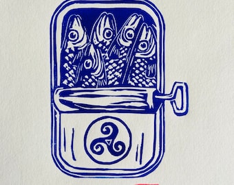 Handmade Blue Linocut - The blue sardines - Brittany - Sea-Linoprint-Linocut-Original gift-Contemporary Art-Home decor