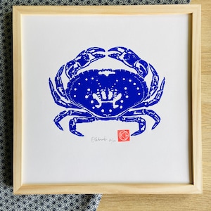 Linogravura artesanal Azul ultramarino - Caranguejo 30x30 cm - Bretanha - fundo do mar Sea-Linoprint-Linocut-Nature-Original gift-Art print