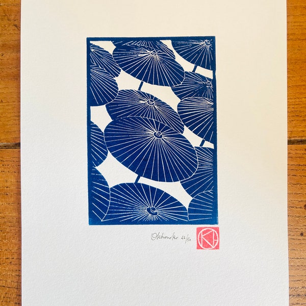 Linogravure artisanale Bleu - Les ombrelles Japonaises Bleu Prusse- Linoprint-Art contemporain-Nature-Cadeau-Limited edition - Estampe d'art