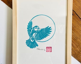 Turquoise titmouse in flight - Handmade linocut -Linocut-Home decor-Limited edition- Bird-ornithological illustration