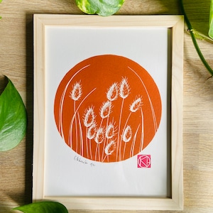 Ambachtelijke linosnede Oranje - Bloemen van de duinen - Bretagne-Natuur-Gift-Handgemaakt- Limited edition - Kunstprint-Minimalistische illustratie