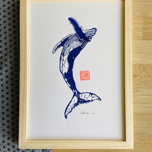 Ocean Blue artisanal linocut - Dancing whale - Sea-Linocut-Nature-Original gift-Contemporary art-Art print