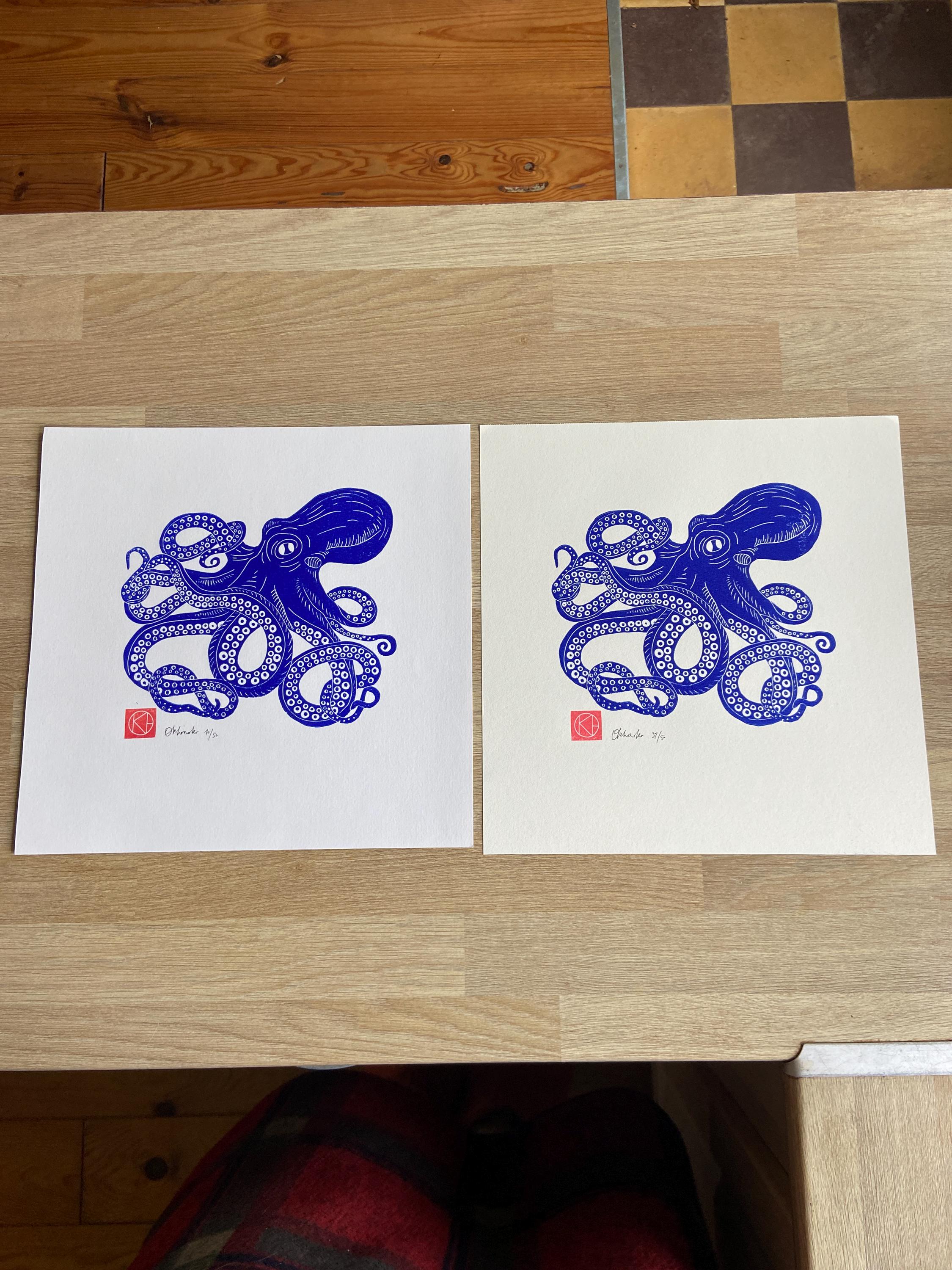 Handmade Linocut Blue - the Ultramarine Blue Octopus - Sea-linoprint ...