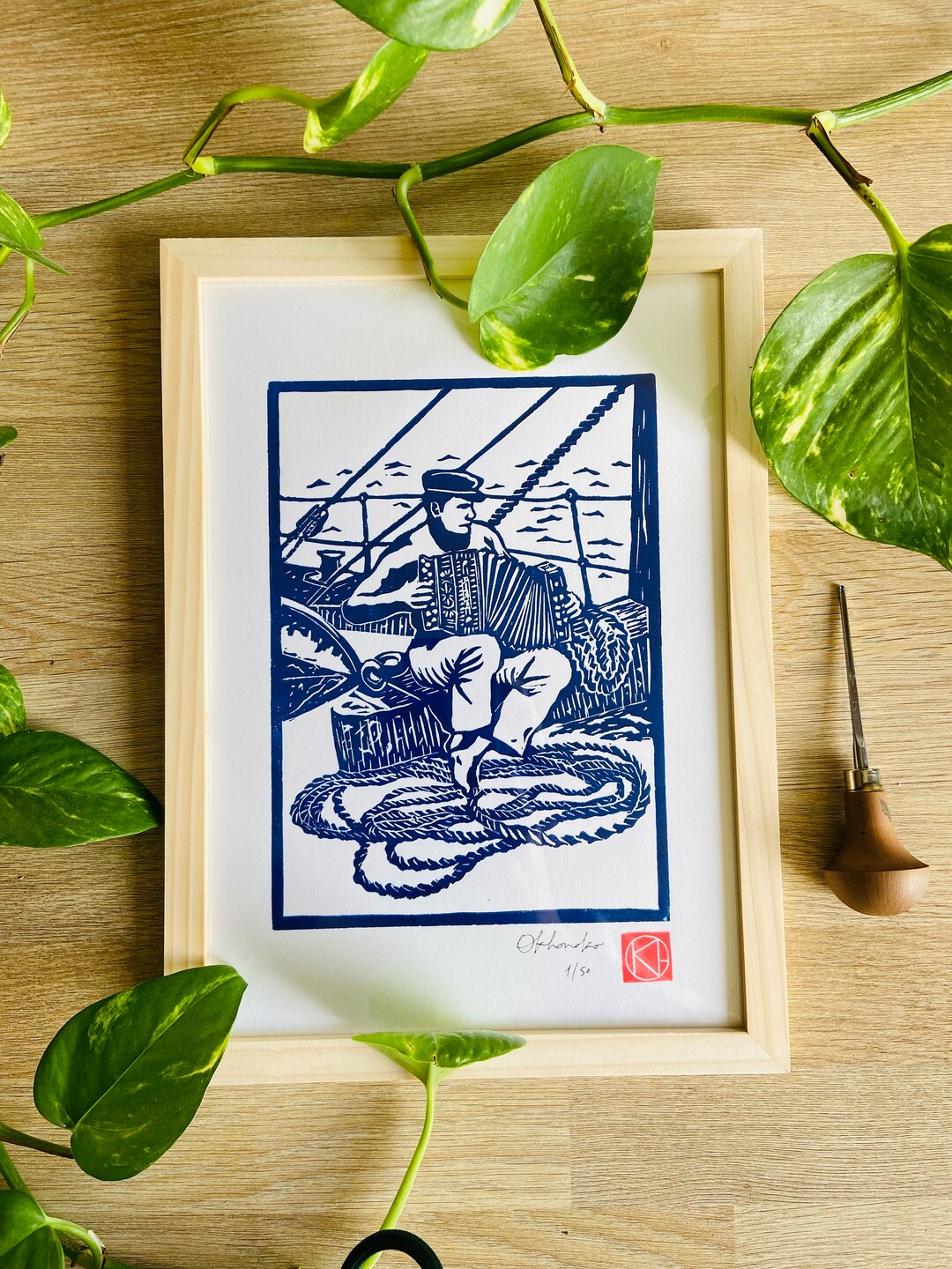 Handmade Linocut Blue - the Sailor Accordionist - Sea-linoprint-linocut ...