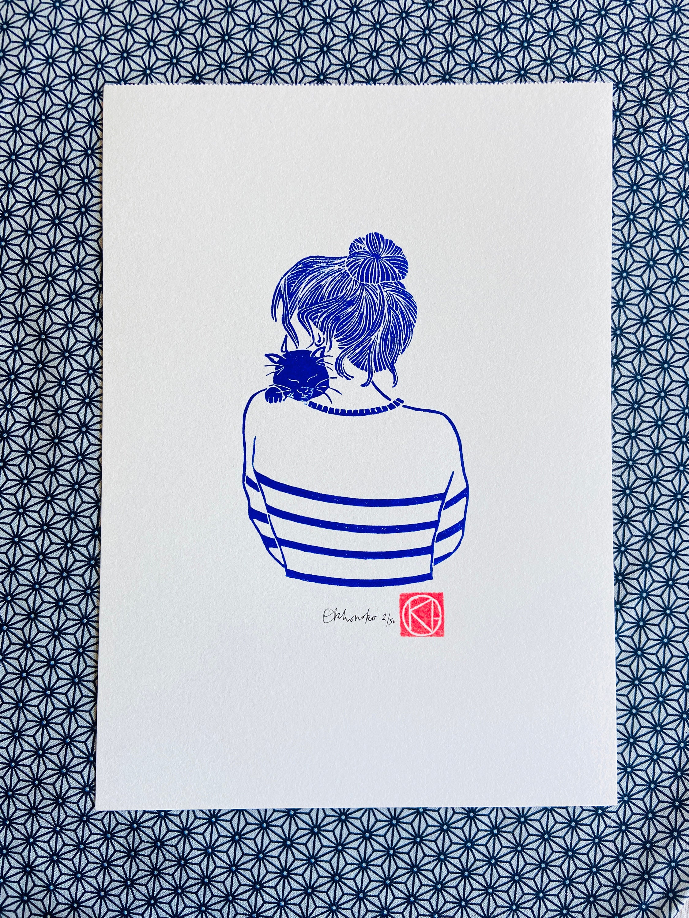 Handmade Linocut Blue - the Young Woman With the Cat - Brittany ...