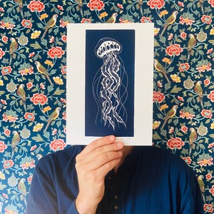 Handmade Linocut Blue - The Jellyfish - Brittany - Sea-Linoprint-Linocut-Nature-Original Gift-Home decor-Limited edition