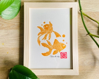 Linograbado Ryukin Fish - THE LOVE PARADE - Pequeño pez japonés - Bretaña -Regalo original-Arte-Artesano-Impresión-Arte impresión