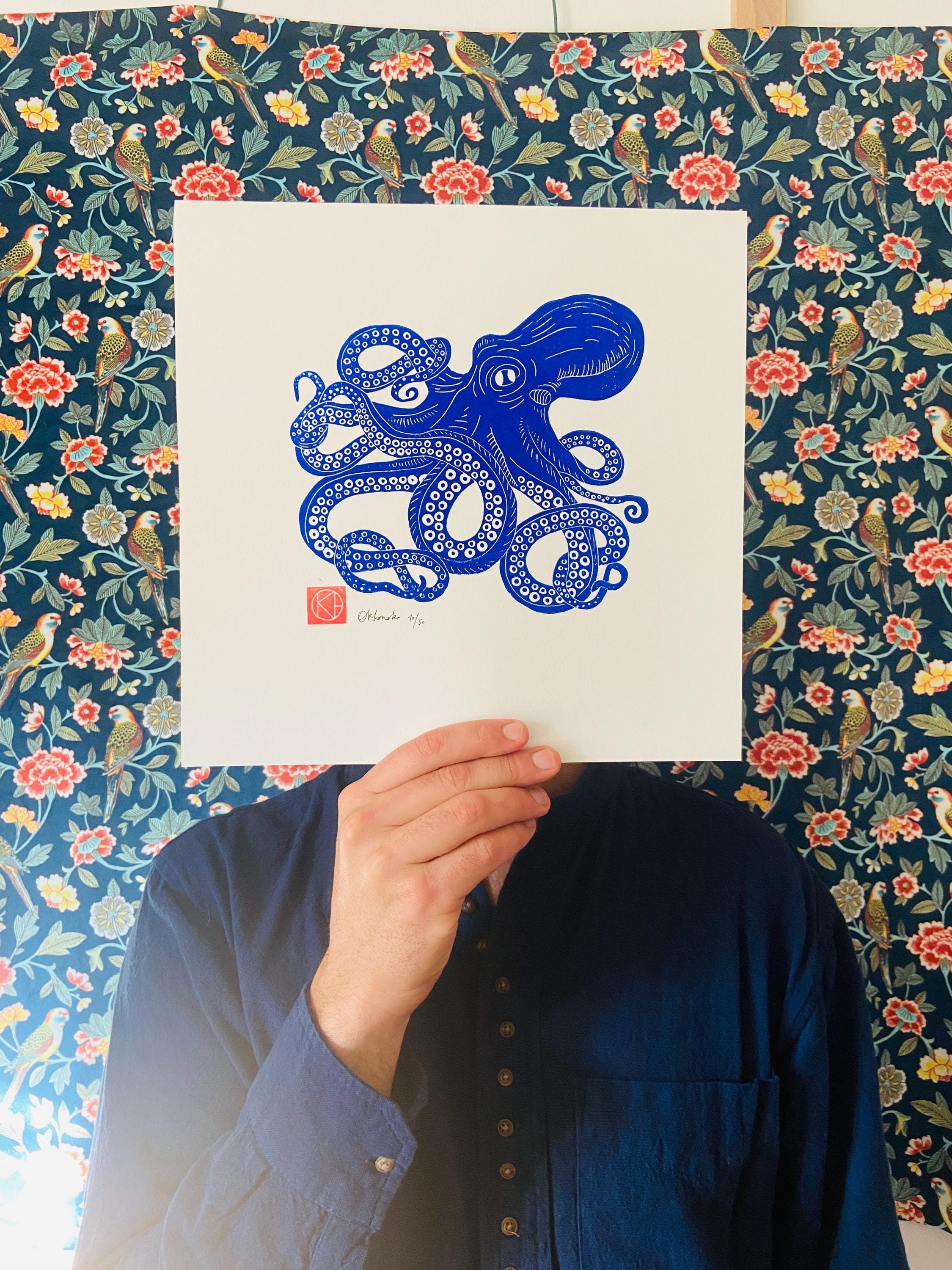 Handmade Linocut Blue - the Ultramarine Blue Octopus - Sea-linoprint ...