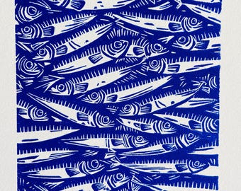 Ultramarine Blue artisanal linocut - Sardines en bulk - Linoprint-Original gift-Contemporary art-Art print