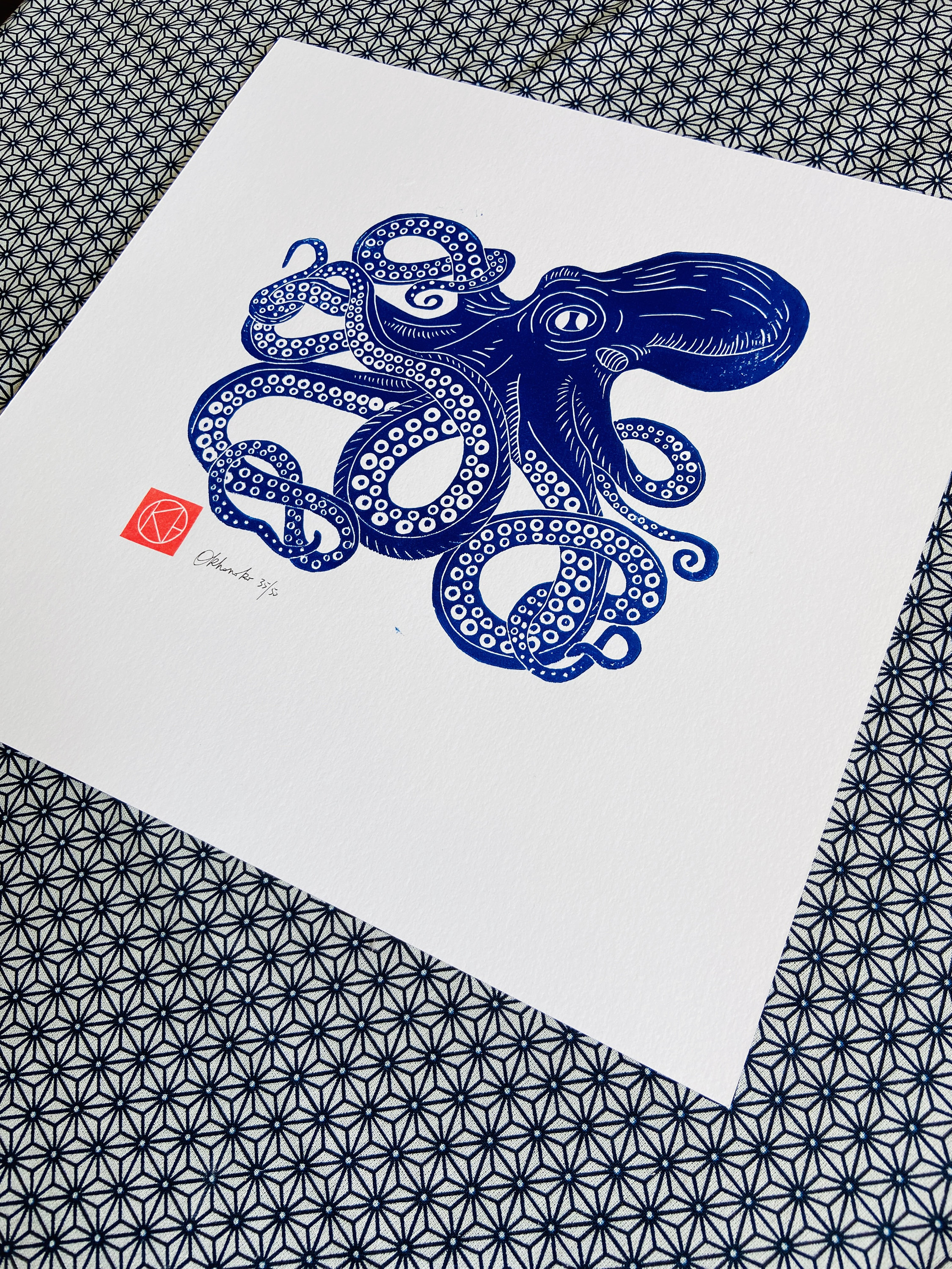 Handmade Linocut Blue - the Blue Octopus - Brittany - Sea-linoprint ...