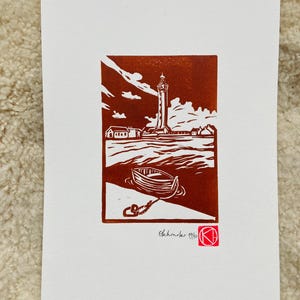 Linograbado artesanal Siena -Eckmühl faro pequeño barco- Bretaña -Linoprint-Linograbado-Naturaleza-Cadeau-Handmade-Edición limitada-Estamped'art