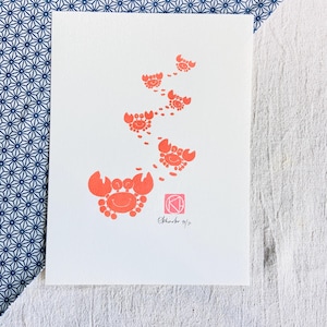 Linograbado Cangrejo naranja pequeño - Bretaña -Linoprint-Regalo original-Impresión de arte-Impresión de arte-Ilustración minimalista