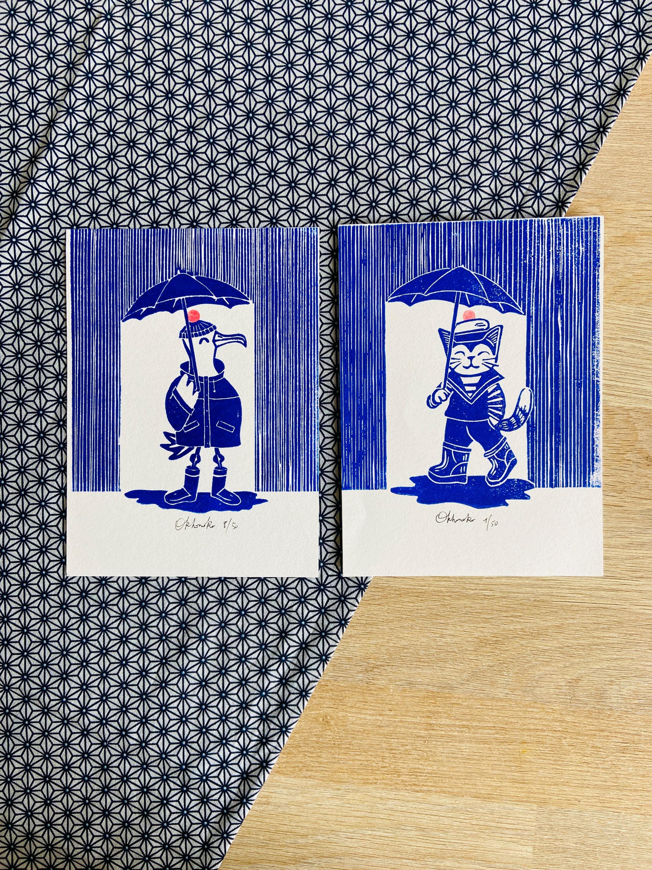 Linocut Blue SAILOR CAT Under the Rain - Funny Linocut - Brittany ...
