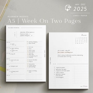 A5 - 2025 weekly planner inserts - printable PDF download - functional design - WO2P | two-column layout + monthly overview
