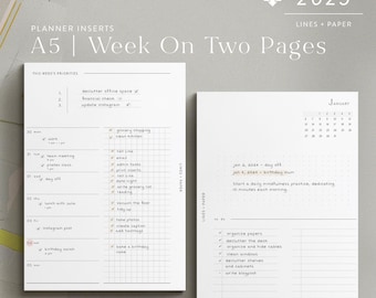 A5 - 2025 weekly planner inserts - printable PDF download - functional design - WO2P | two-column layout + monthly overview