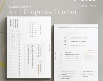 A5 - 2025 goal progress tracker - printable planner inserts - PDF download - functional Design - tracker worksheet, dated Jan-Dec