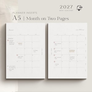 Puede incluir: Insertos de planificador A5 con diseño de mes en dos páginas para 2027. Las páginas blancas muestran un calendario de cuadrícula con opciones de inicio de lunes a domingo, notas escritas a mano y pequeños marcadores circulares de color rosa.